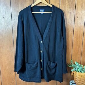 Lands End Black Cardigan Sweater 3X Plus Size‎ V Neck Button Front Pockets